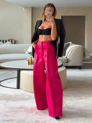 Lunivop  Lustrous Satin Wide-Leg Pants Hot Pink Oversize Pleated Spring Fashion Women Bottoms Chic Tailored Date Party Lady Trousers