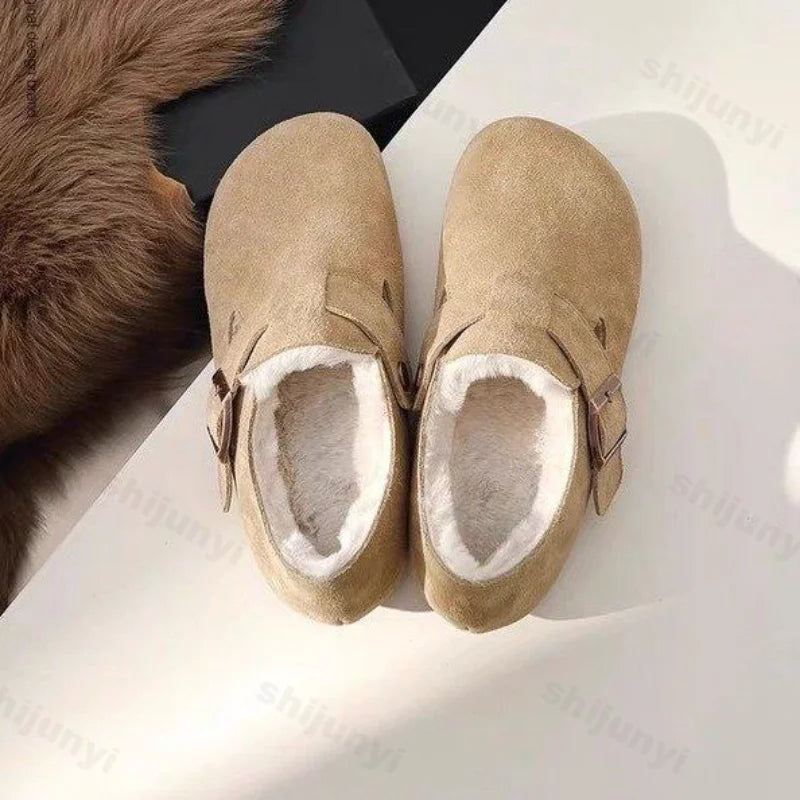 Lunivop Fur Women Flats Slippers Platform Warm Walking Shoes Trend Winter New Short Plush Cotton Mules Shoes Home Fad Casual Shoes