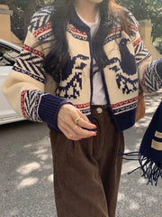 Lunivop Knitted Zip Up Cardigan Women Vintage Fair Isle Zipper Front Cropped Sweater Jacket Knitwear Autumn Winter Outfit