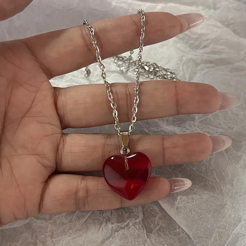 Lunivop Simple Red Glass Cross Cherry Strawberry Heart Pendant Necklace for Women Stainless Steel Jewelry Accessories