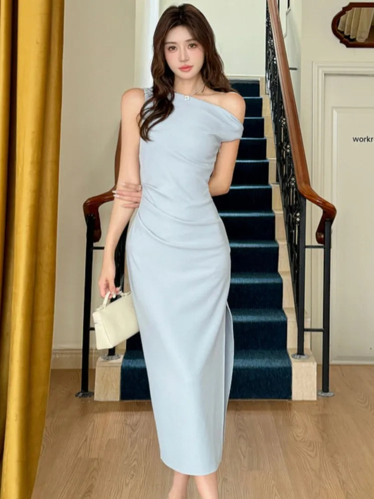 Lunivop  Elegant Solid Bodycon Evening Party Dresses Fashion Diagonal Collar Off Shoulder Prom Vestidos Summer Korean Female Clothing New
