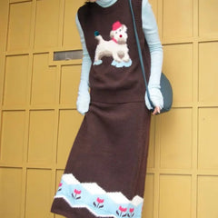 Lunivop  Harajuku Vintage Sweet Vest Top for Women+ Mid-length High Waist Loose Knitted Skirts Autumn Winter New Two Piece Sets