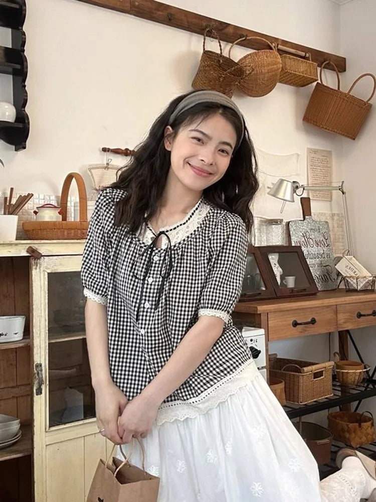 Lunivop  Sweet Vintage Women Plaid Blouse Casual Preppy Style Lace Patchwork Loose Shirt Cute Retro Female Short Sleeve Lace Up Tops