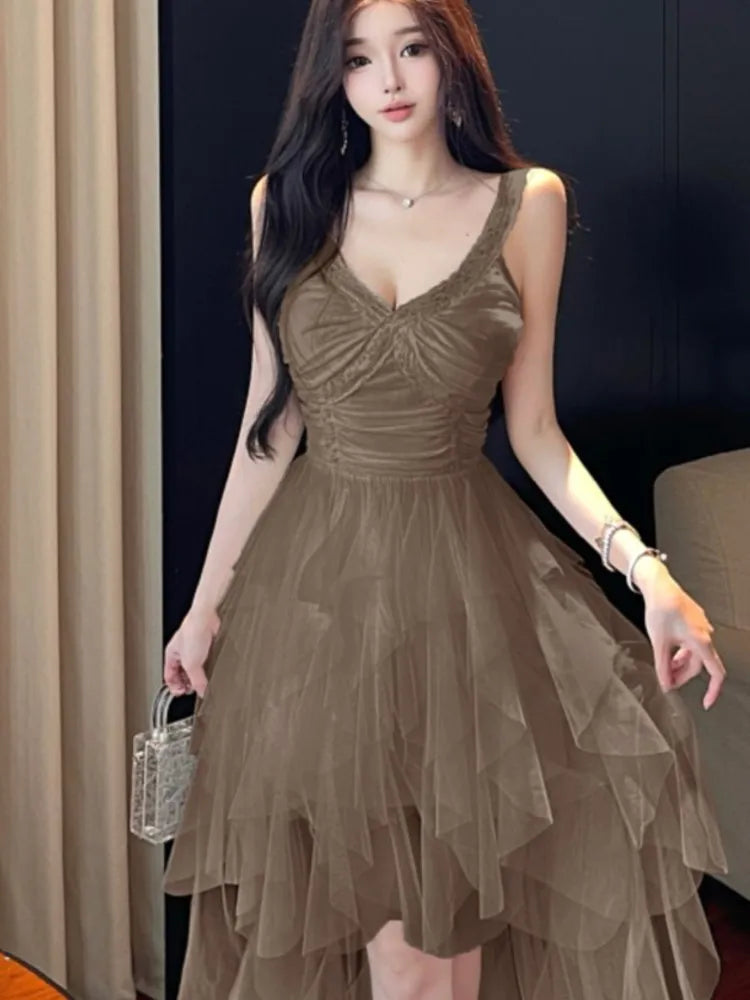Lunivop  Patchwork V Neck Sleeveless Slim Elegant Backless Spring Summer Women's Short Front Long Back Party White  Sing Dress