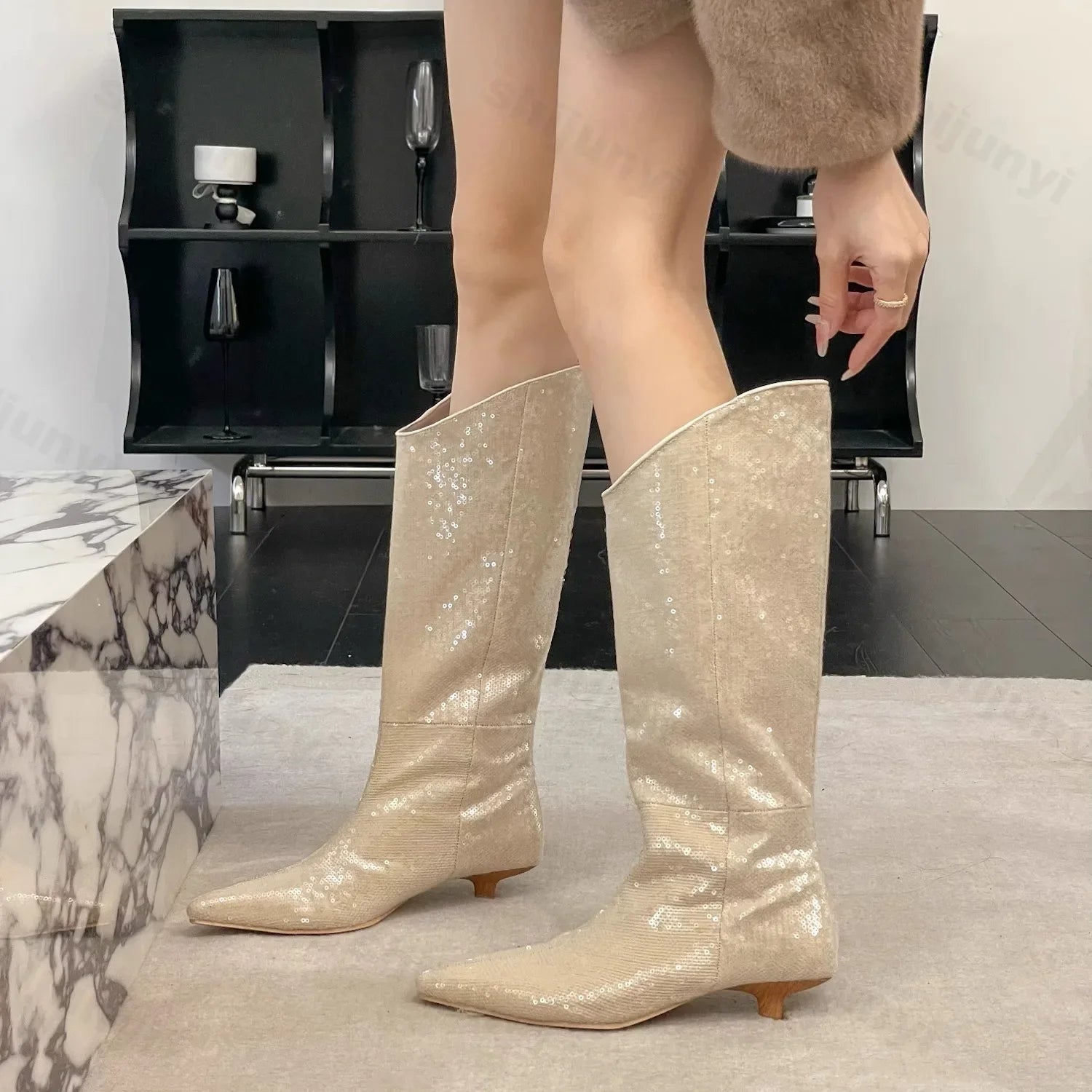 Lunivop Sequin Women Knee High Boots Fashion Elegant Slip on Long Booties Sexy High Heels Stripper Shoe Botas De Mujer