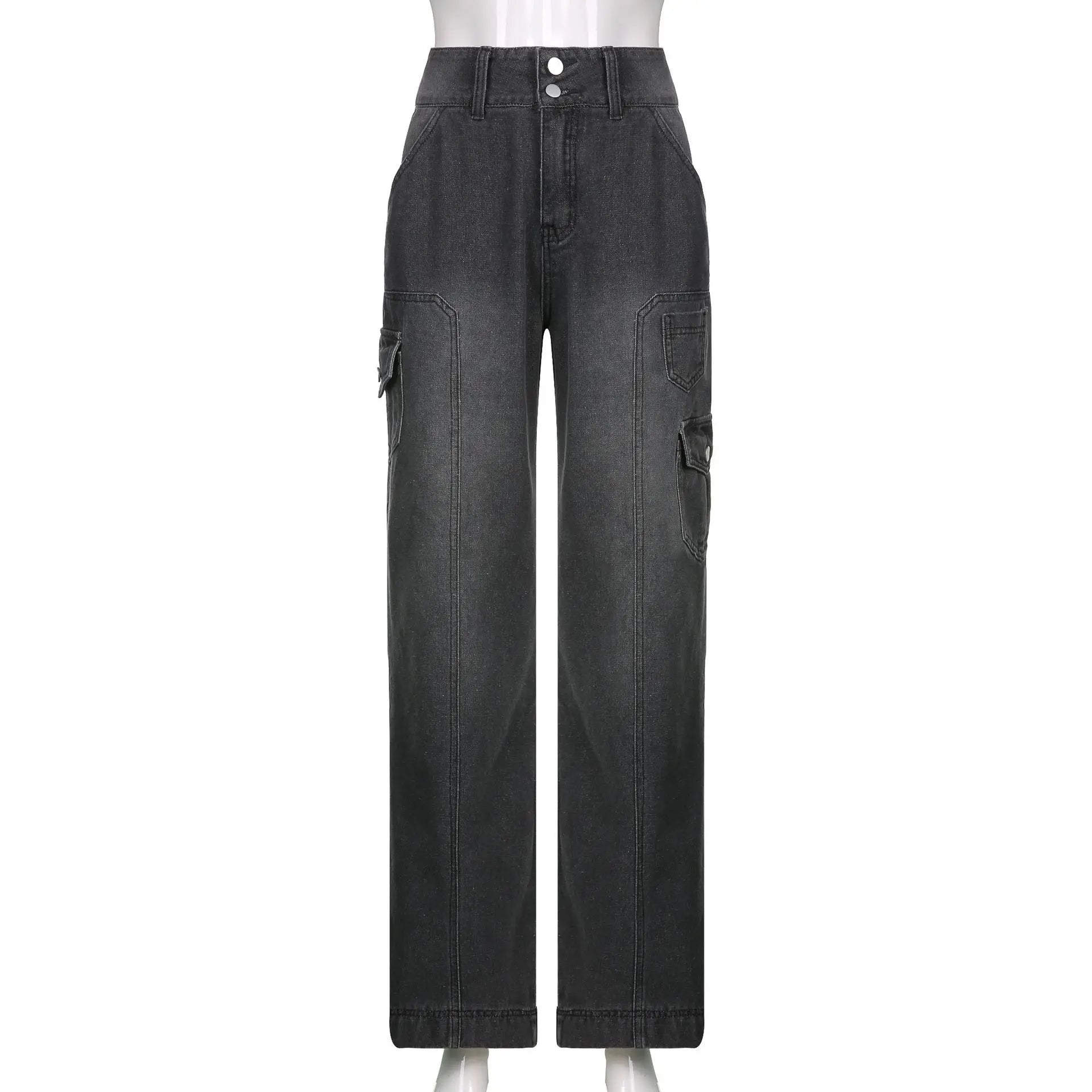 Lunivop New Street High Waist Straight Leg Casual Jeans with Irregular Pockets Work Clothes Floor Towers  Dad's Pants