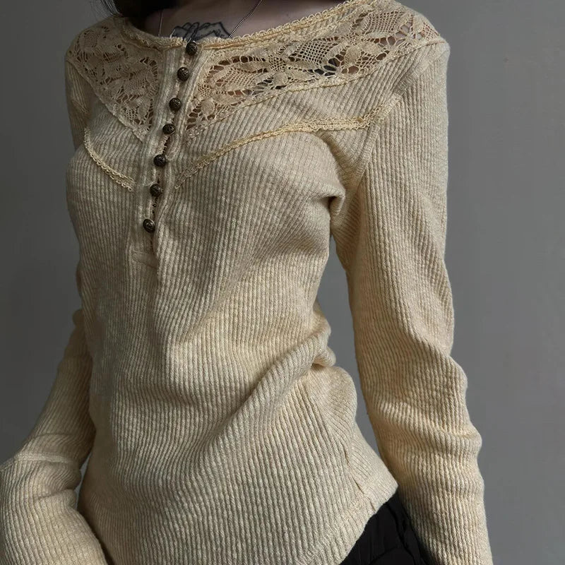 Lunivop Hollow out Crop Tops y2k Aesthetic Round necked Fairy Grunge Women Knitted Button Long Sleeve Slim TShirts Harajuku Tees Clothes