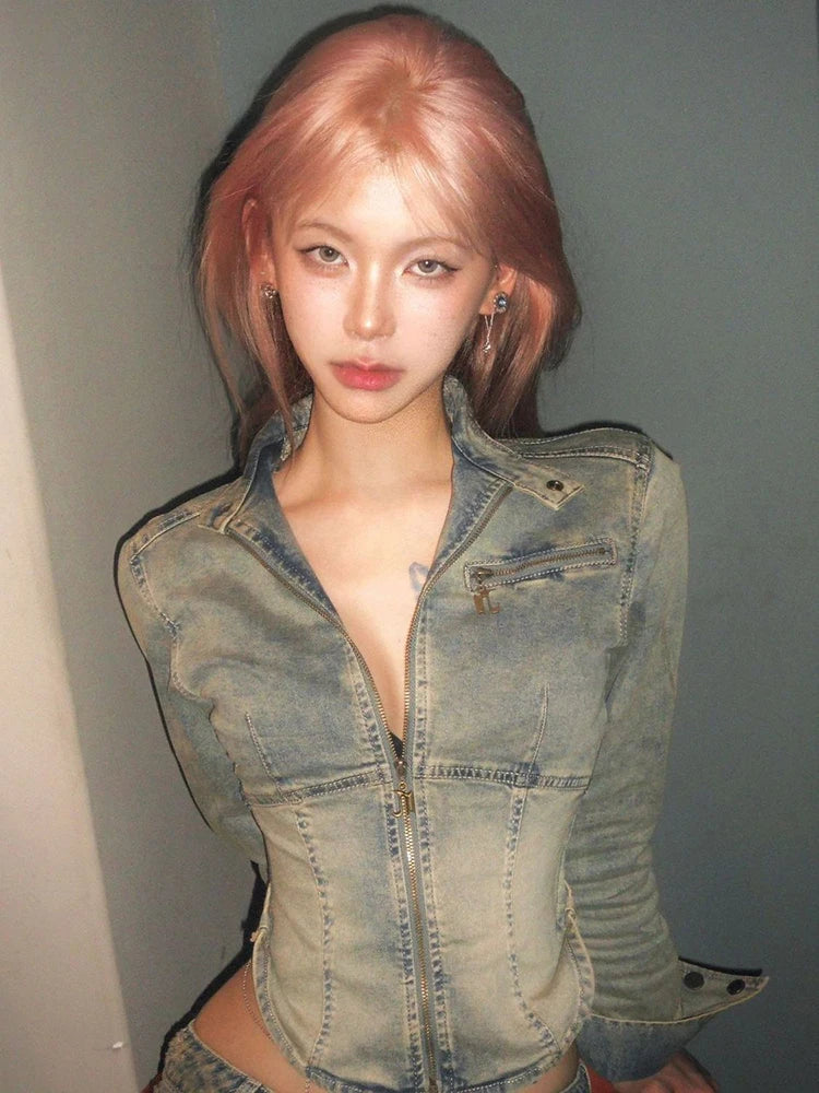 Lunivop Y2k Fashion Korea Grunge Washed Denim Woman Long Sleeve Short Jacket Slimming Zipper Streetwear 90s Autumn Winter Top Outerwears