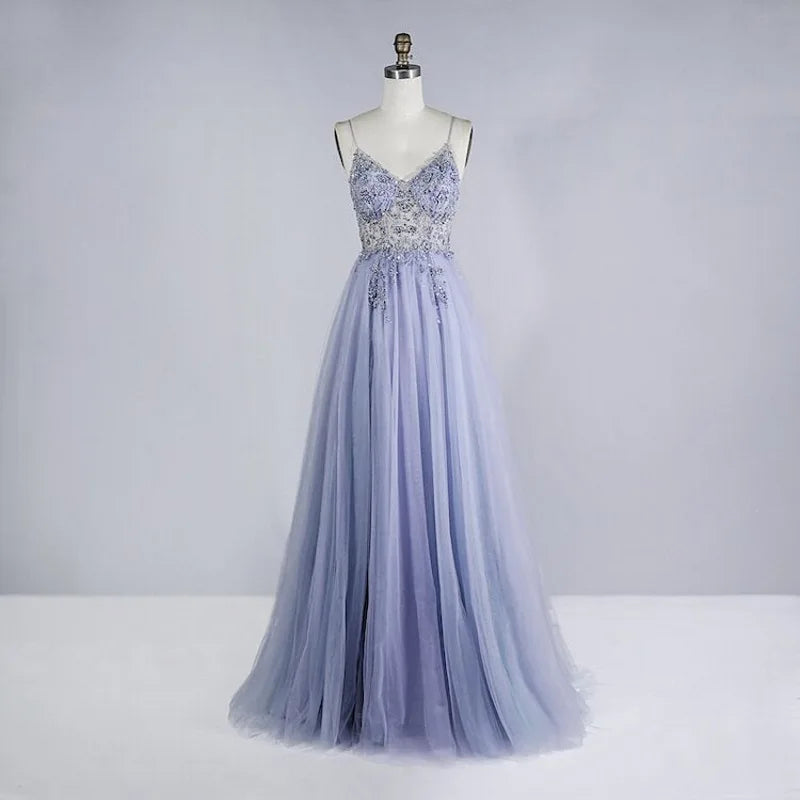 Lunivop  New Slim Waist Wedding Party Vestidos Beaded Elegant Sling Prom Dresses Long Sexy Tulle V-neck Evening Dress Customized