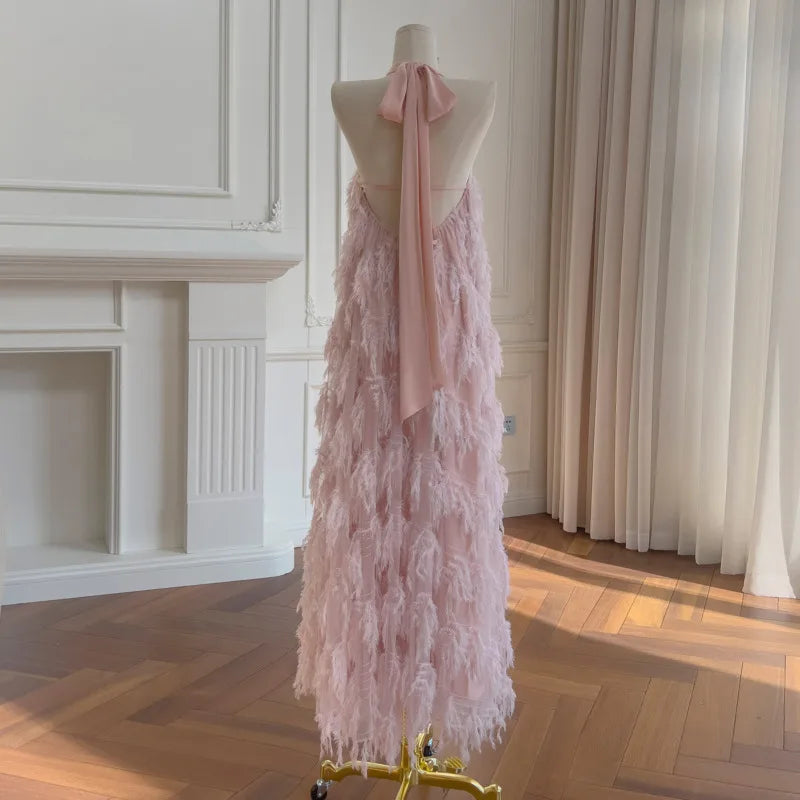Lunivop  Fashion Tassels Pearl Dress Women's Round Neck Sleeveless High Waist Dresses 2025 Summer New Tide