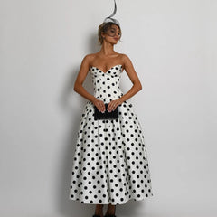 Lunivop Fashion Strapless V Neck Polka Dot Halter Summer Dresses Women Vintage Elegant Ankle Length A Line Long Party Vestidos