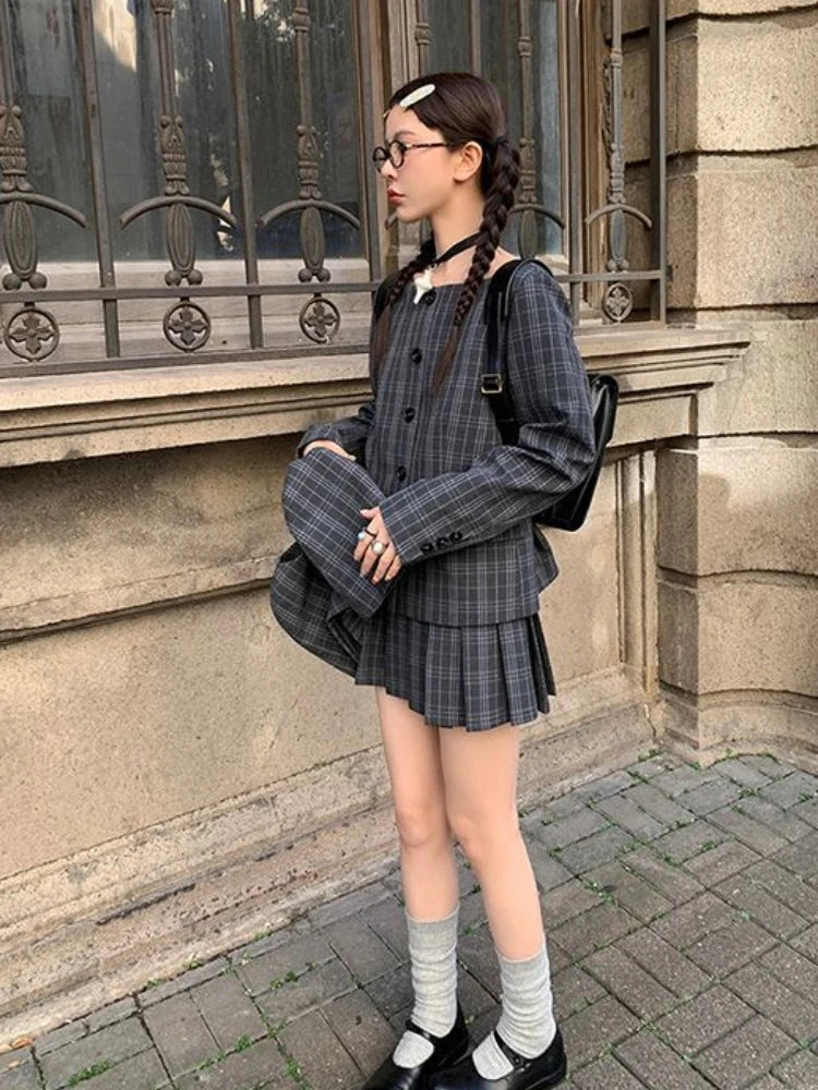 Lunivop Plaid Two-piece Suit Women Harajuku Slash Neck Vintage Single Breasted Overcoat Girls Sweet Pleated Grunge Skirts