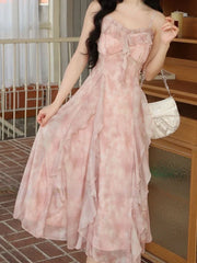 Lunivop  Casual Fairy Floral Strap Dress Women Chiffon Elegant Evening Party Midi Dress Ruffle Sweet Korean Dress Women Sweet Summer