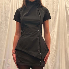 Lunivop  New Chinese Style Lrregular Stand Collar Short Sleeve T Shirts Y2k High Street Personality Single Breasted Slim Clothes Punk Top