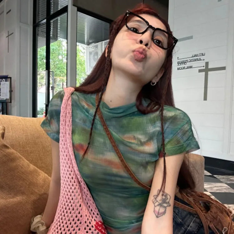 Lunivop  Summer New All-match Tops Mujer Mesh Short Sleeve T-shirt for Women Y2k E-Girl Slim Fit Irregular Print Tee Shirt