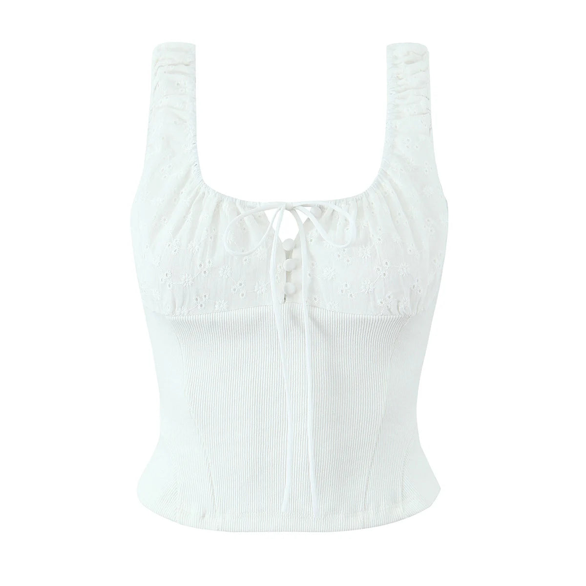 Lunivop  Summer Elastic Bow O collar Tank Top Slim Corset Women White Embroidery Flower Spliced Rib Waist Back Zipper Slim Crop Vest
