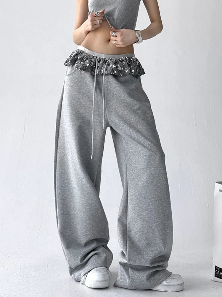Lunivop Chic Bright Silk Patchwork Sweatpants Women Loose Streetwear High Waist Casual Pant Fashion Pockets Fall American Gray Trousers