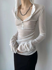 Lunivop  See Through Thin Long Sleeve Tops Mujer 2025 Summer New Slim Fit T-shirt for Women Ruched Drawstring Hoodie Tee Shirt