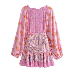 Lunivop  Holiday Contrast Color Floral Print Lantern Sleeve Mini Dress Bow Sashes Ruched Pleated Waist Ruffles Hem Women Dresses Robe