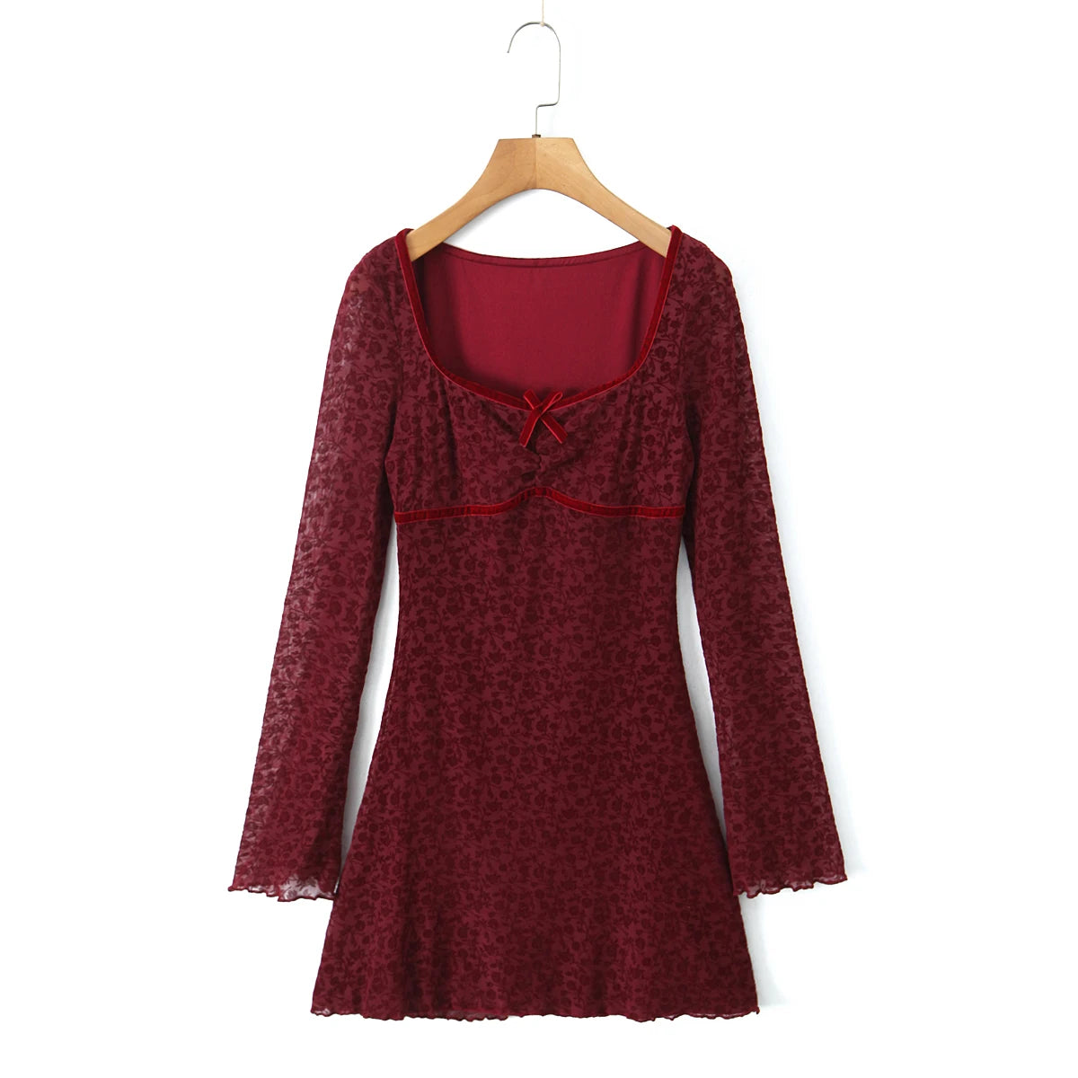 Lunivop  Sexy Wine red Flocking Flower Mesh Flare Sleeve Dress Woman Bow Square neck Package Hips A-line Mini Party Robe Bodycon
