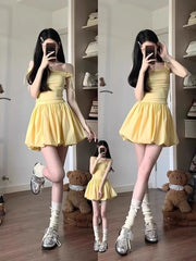 Lunivop  Charming Yellow ort Puffy Skirt Dr Women's Svel V-Ne Casual Sle Waist-Cinched A-Line Skirt for Daily Wear