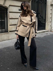 Lunivop  Women's Long Sleeve Thicken Woolen Coat Casual Autumn Jacket with Belt Pockets Spliced Contrast Design for Commuter Outwear