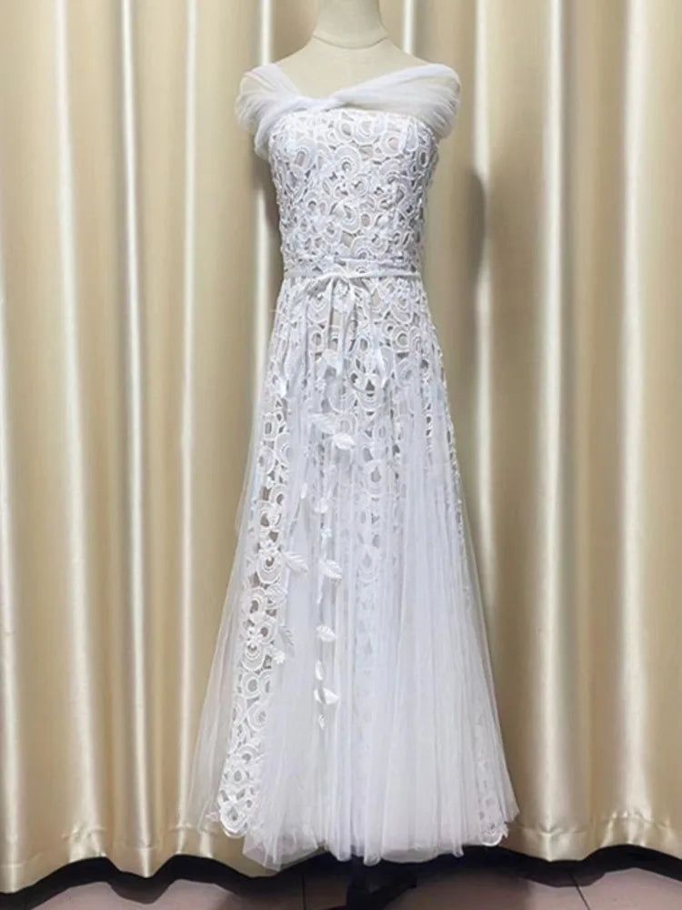 Lunivop Fashion Solid Color Lace Dress Women's Strapless Hollow Out A Line Dresses 2025 Summer New Tide