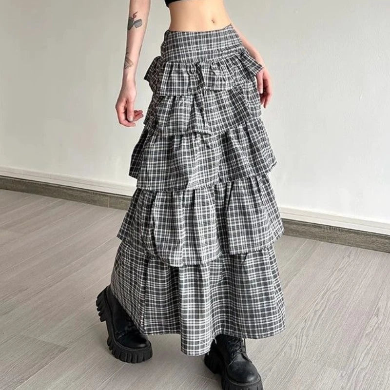 Lunivop Vintage Plaid Skirt Women Preppy Style Sweet Ruffle Cake Long Skirt Harajuku Fashion Patchwork Layered Skirts Street