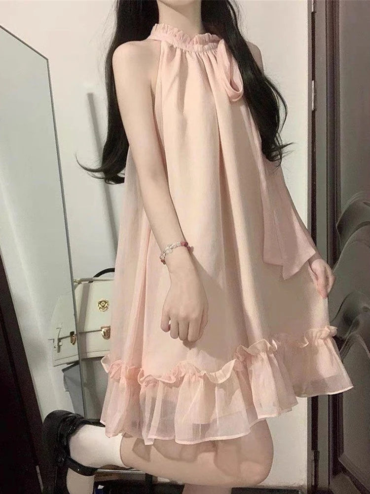 Lunivop  Pink Beach Mini Dress Women Sweet Bow Fashion Casual Korean Sexy Halter Dress Summer Chic Loose Female Elegant Dress New