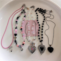 Lunivop Kpop Gothic Y2K Peach Heart Strawberry Bowknot Pendant Bead Choker Necklace For Girl 2000s Y2K EMO Aesthetic Jewelry Accessories