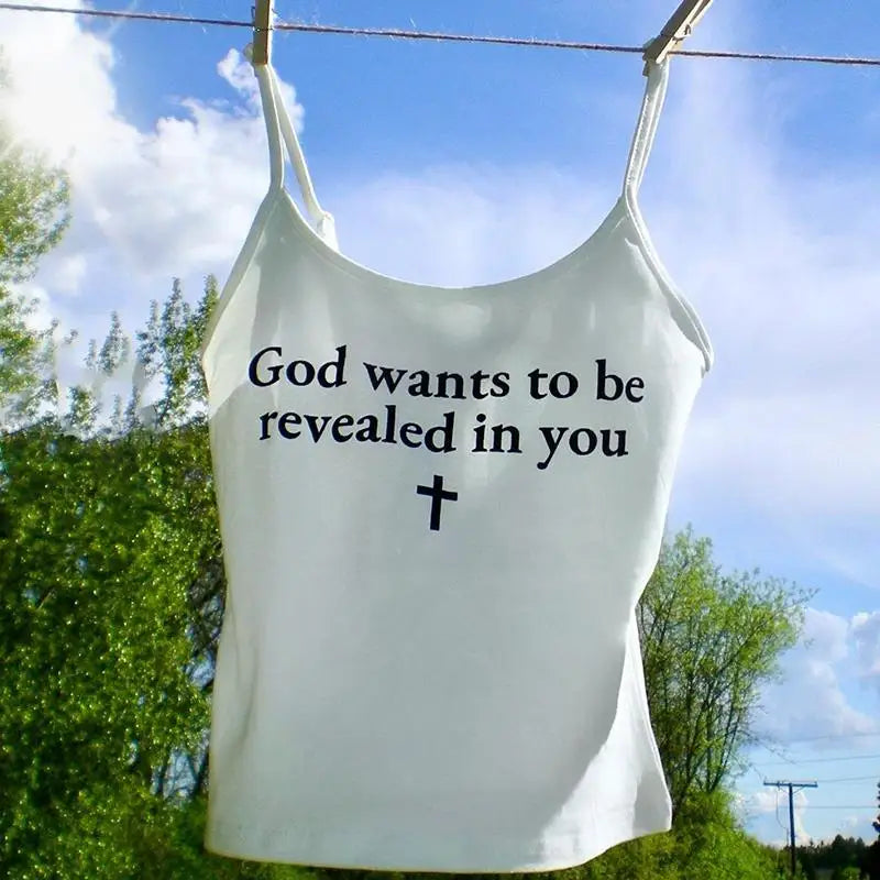 Lunivop God Wants To Be Revealed In You Print Sexy Sleeveless Backless Crop Top Camisole