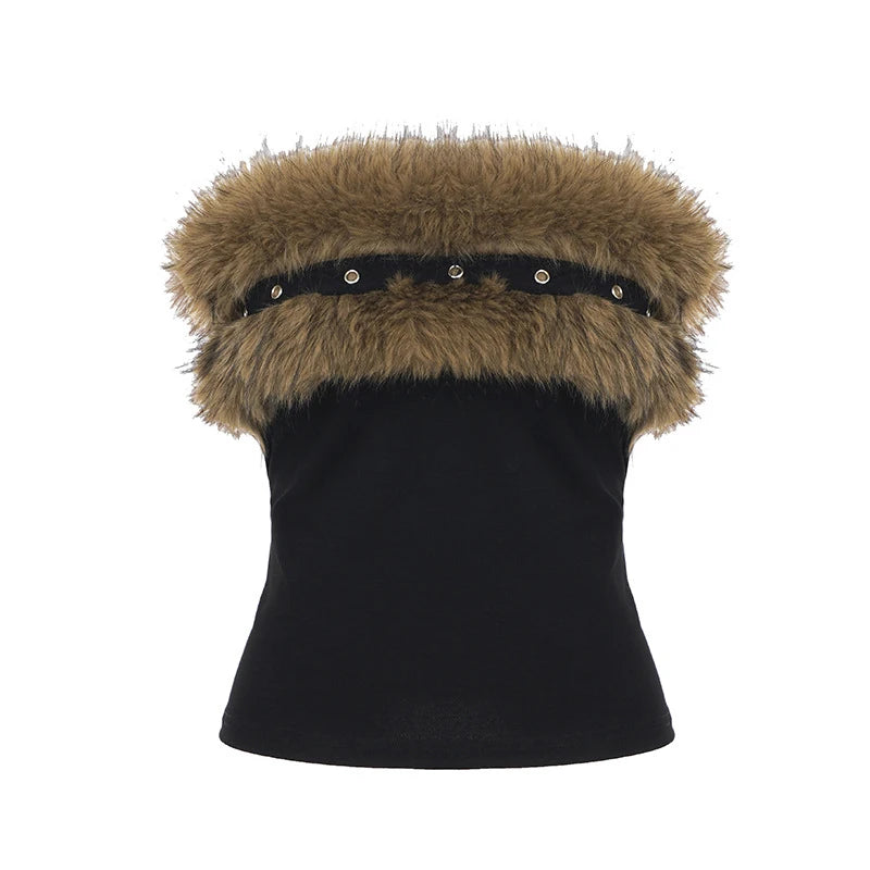 Lunivop  Hottie Strapless New Style Faux Fur Patchwork Vests Eyelet Design Sleeveless Open Back Contrast Color Slim Fit Fashion Tank Tops