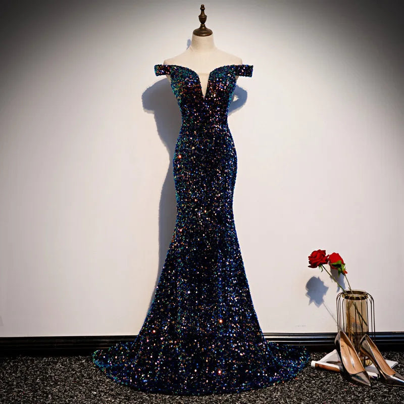 Lunivop  Exquisite Luxury Shinny Slash Neck Short Sleeve Evening Dress Long Sequin Fishtail Train Prom Robe Back Strap Design Vestidos