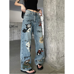 Lunivop Blue Women Jeans High Waist Fashion American Graffiti Y2K Streetwear Chic NEW Wide Leg Jean Female Trouser Baggy Denim Pants