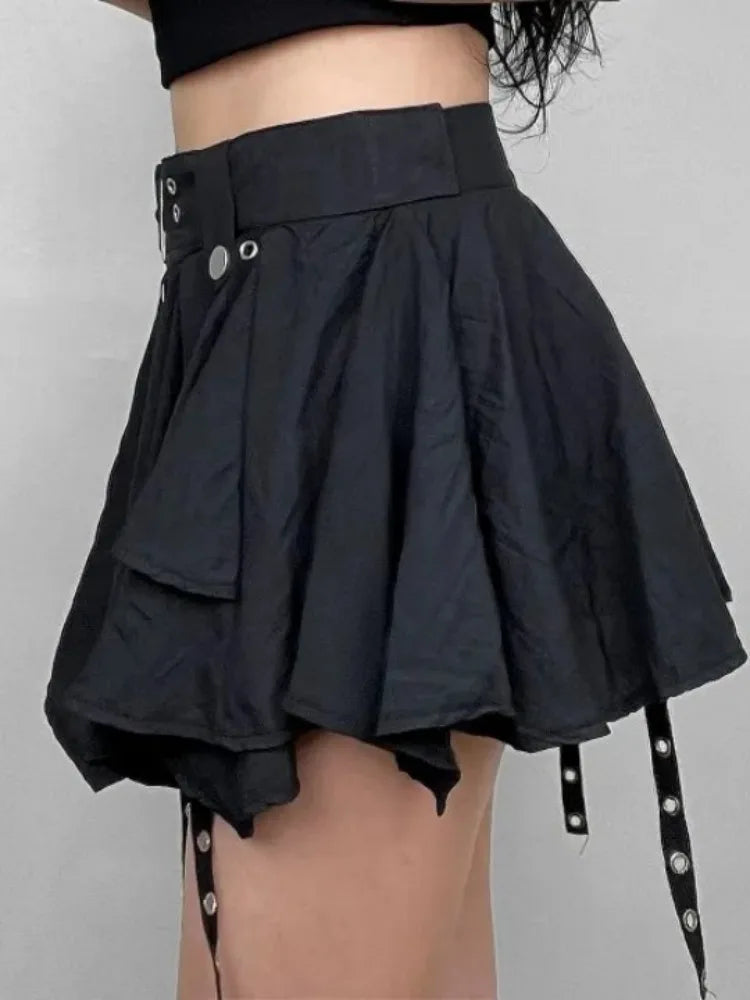 Lunivop Women Crumpled Layer Mini Skirt with Belt Strap Elastic Back Asymmetrical Short Skirt Grunge e-Girl Y2K Acubi Outfit