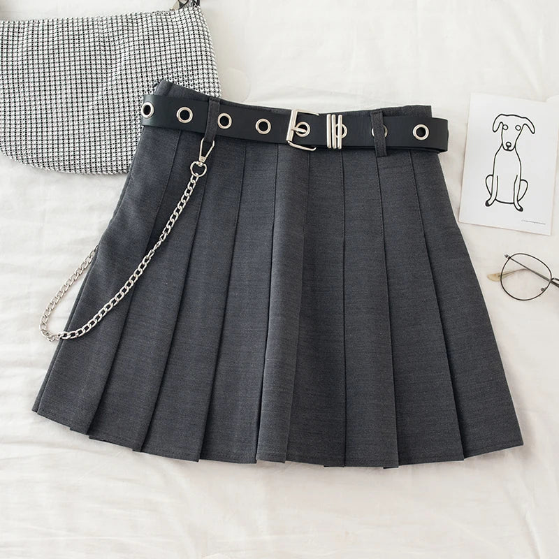 Lunivop Punk Mini Skirt With Chain Belt Rock Girl Cheerleading Belted Pleated Skirt Women Alt-girl Egirl Y2K Outfit