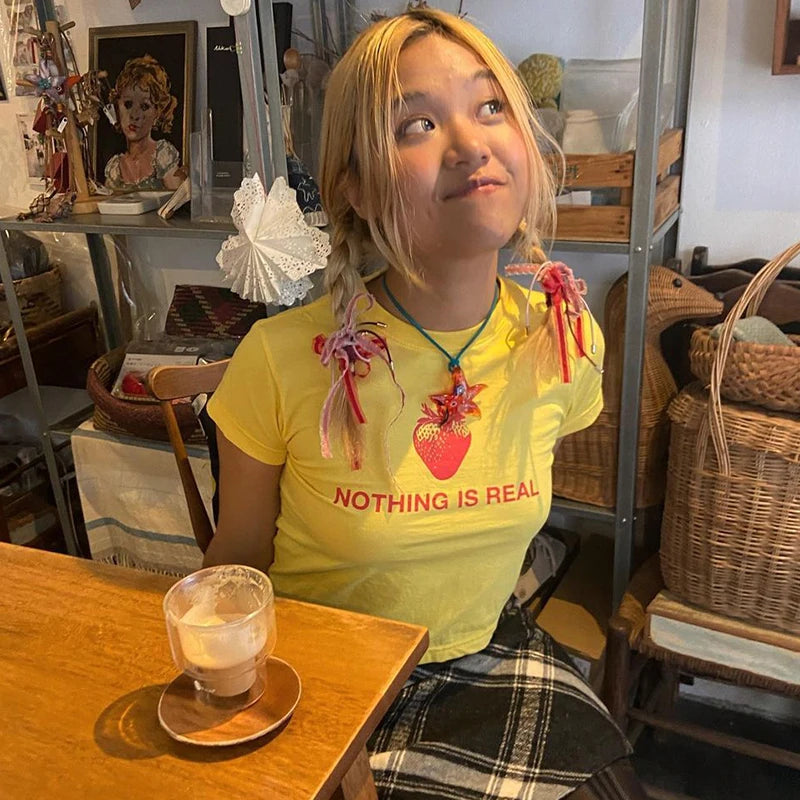 Lunivop Harajuku Women T-Shirt Korean Fashion Strawberry Print Grunge Vintage Yellow Short Sleeve T-shirt Female Slim Short Top Baby Tee