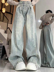 Lunivop  Women Korean Pleated Jeans Girls High Waist Washed Wide Leg Pants Lady Fashion Loose Retro Blue Light Blue Denim Trousers