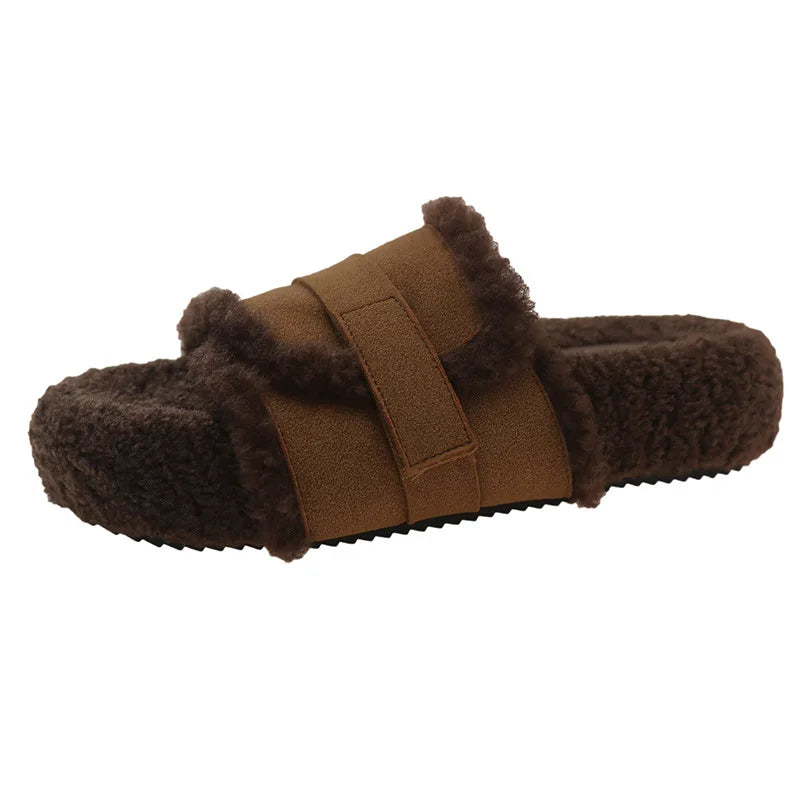 Lunivop Fluffy Faux Fur Plush Slippers Fashion Design Women Home Slippers Indoor Open Toe Flat Non-slip Leisure Large Size Female Slides