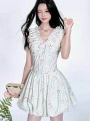 Lunivop  Floral V Neck Sexy Dress Women Casual Elegant Sleeveless Mini Dress Vintage Lace Up Female Korean Summer Beach Style Dress