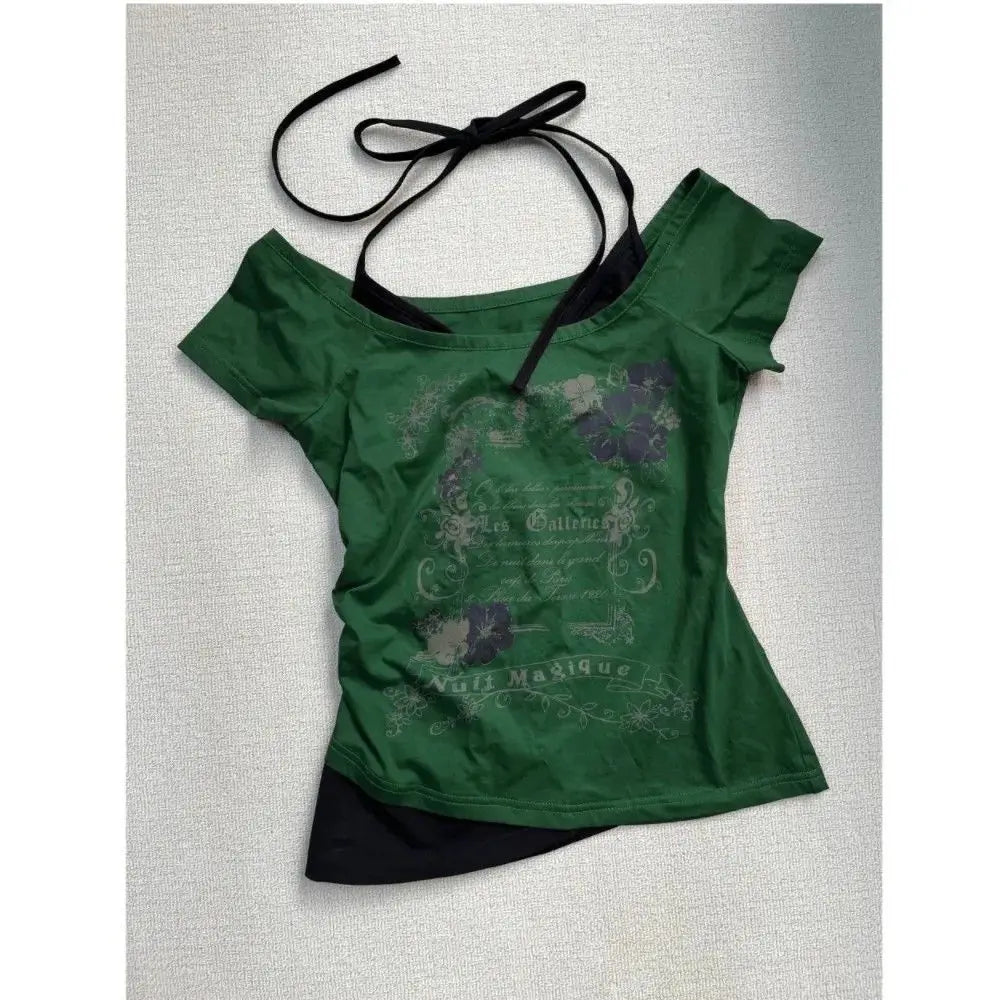 Lunivop  Y2k Street Vintage Fake Two Piece Halter T-shirt Sexy Short Sleeve Slim Fit Tee Shirt 2025 Summer New Top for Women