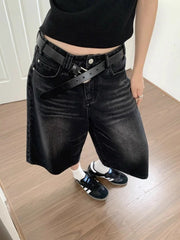 Lunivop Black Baggy Denim Shorts Women Y2k Vintage Wide Leg Jorts Washed High Waist Streetwear Casual Fashion Loose Trousers