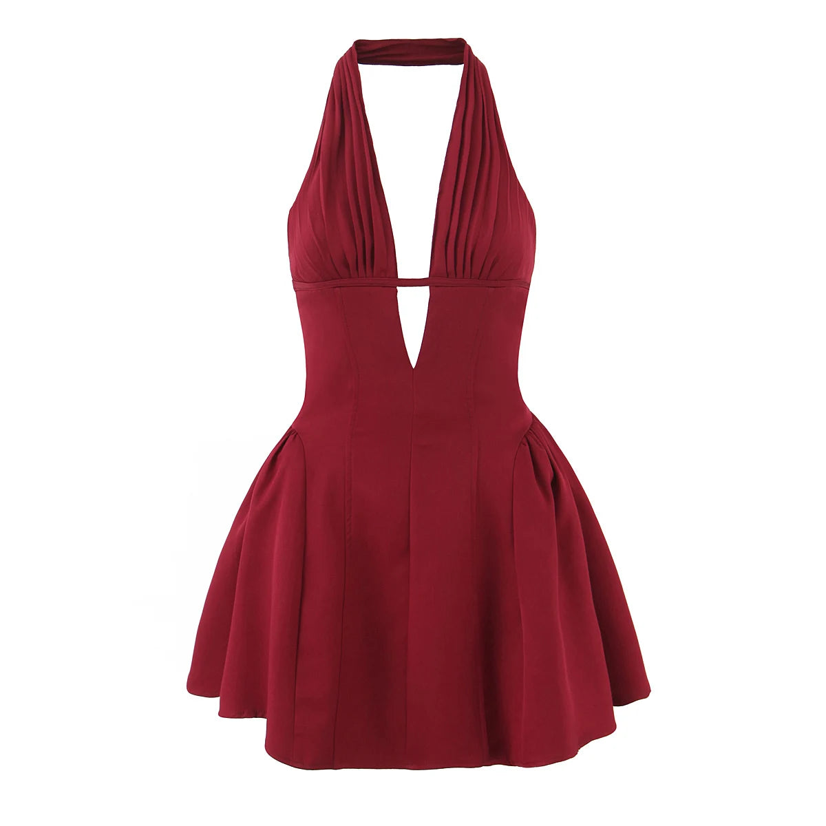 Lunivop  Sexy Dark Red Pleated Ruched Halter Dress Women Deep V neck Slim Low Waist Swing Ball Gown Short Dresses Robe Vestidos
