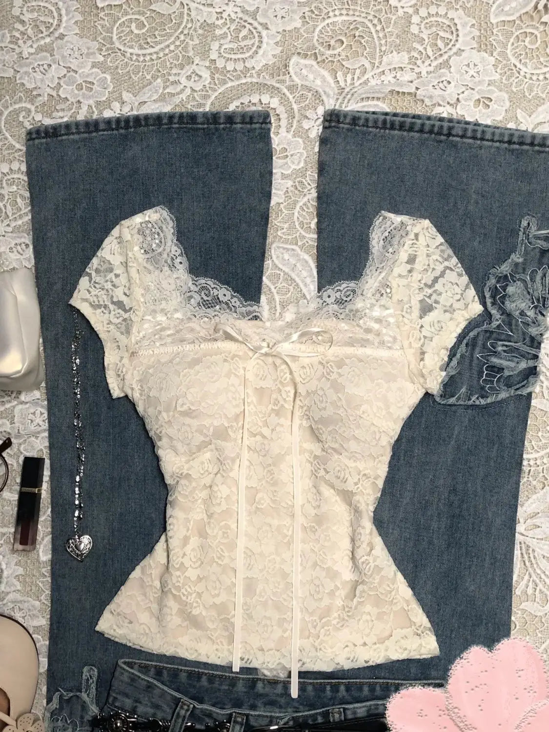 Lunivop  Summer Vintage Apricot Lace Blouse Women Elegant Sweet Bow Slim Fit Tops Female Retro Chic Y2K Fashion Casual Sweet Tees New