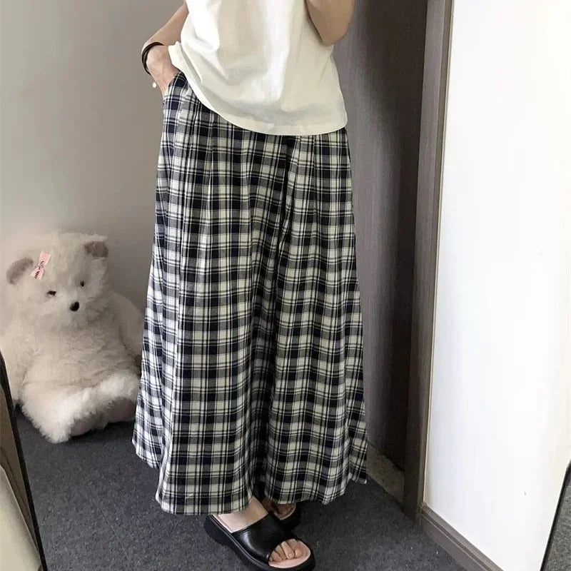 Lunivop Plaid Long Skirt Women Vintage Ruffle Kawaii Midi Skirt Preppy Style Korean Fashion Loose Casual A-line Retro Skirts