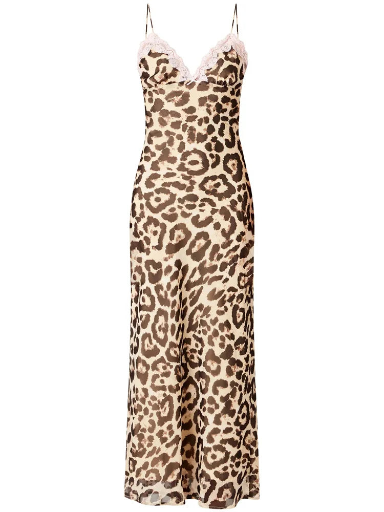 Lunivop Summer Leopard Printed Long Dress Women Lace Backless Spaghetti Slim High Waist Elegant Party Dress Female Bodycon Dress