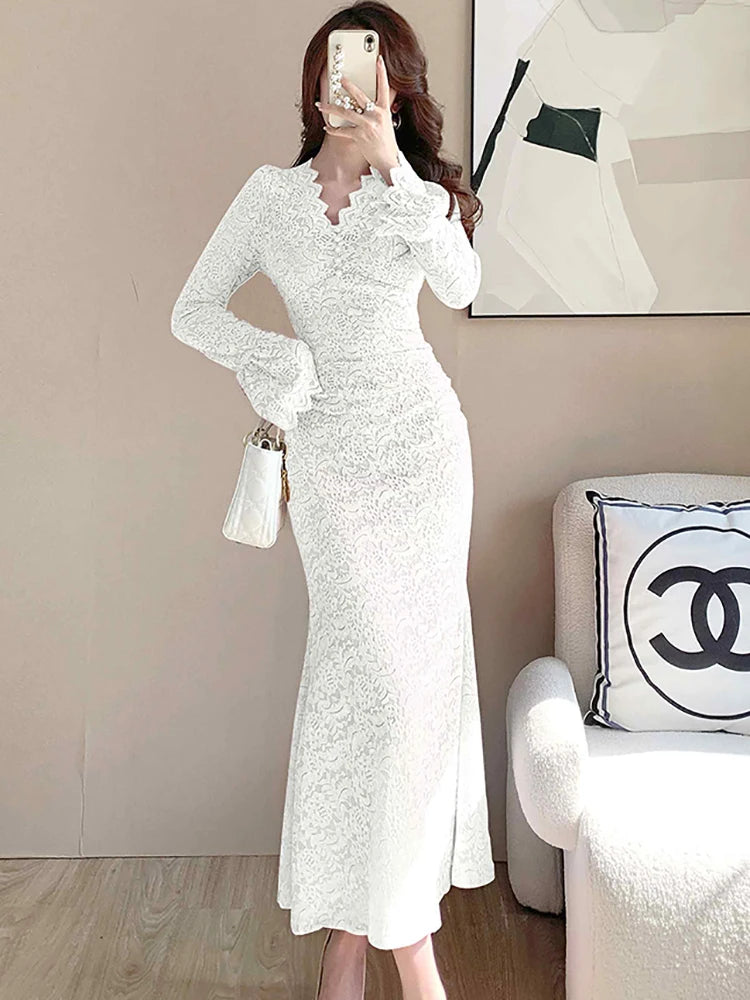Lunivop  Autumn Winter Pink Lace Hook Flower Hollow Prom Vestidos Women Fashion Bodycon Party Dress and Events Korean Casual Dresses
