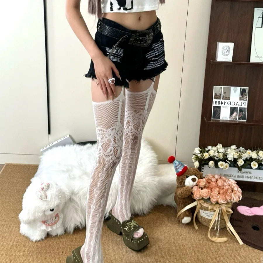 Lunivop Women Hollowed Fishnet Garter Belt Pantyhose Spicy Girl Sexy open crotch Punk Heart Patterned Sheer Thigh High Suspender Tights#