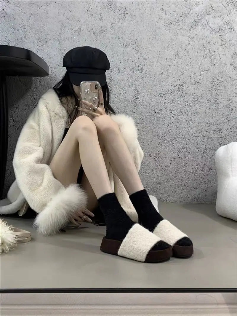 Lunivop Cross Band Plush House Slippers for Women New Open Toe Soft Sole Fuzzy Home Shoes Woman Winter Cozy Warm Indoor Floor Slippers