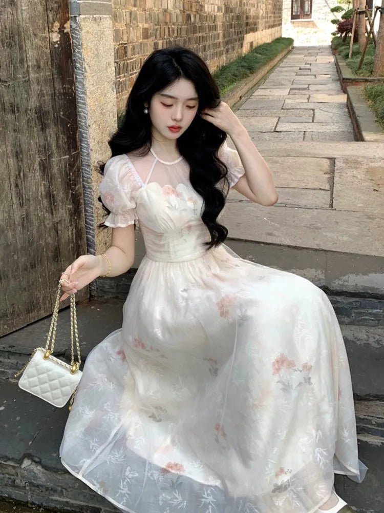Lunivop  Soft Temperament Slimming Waist Floral Print Long Dresses 2025 Fairycore Princess Sleeves O-Neck Dress Damen kleider Summer New